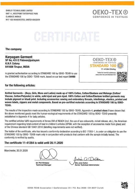 OekoTex Certified Garment Factory in Tirupur in India.